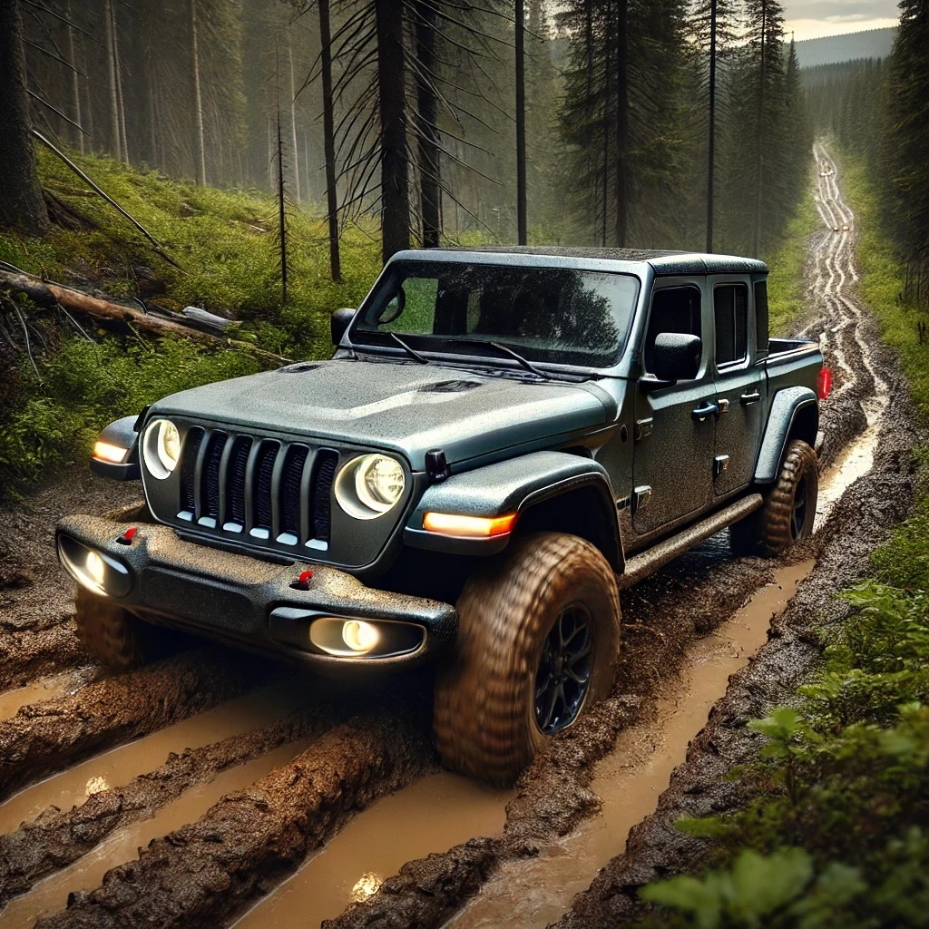 jeep gladiator on a muddy trail in the woods